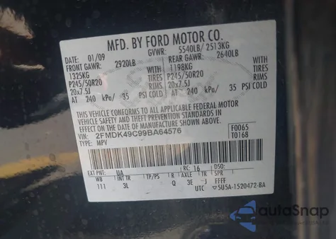 2009 Ford Edge Limited из США, поврежденный, VIN 2FMDK49C99BA64576